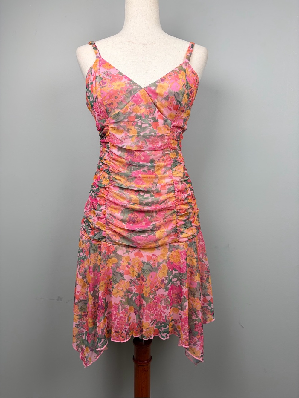 Wild Fable Floral Ruched Mesh Dress M Pink Sleeveless‎ Fit & Flare NWT